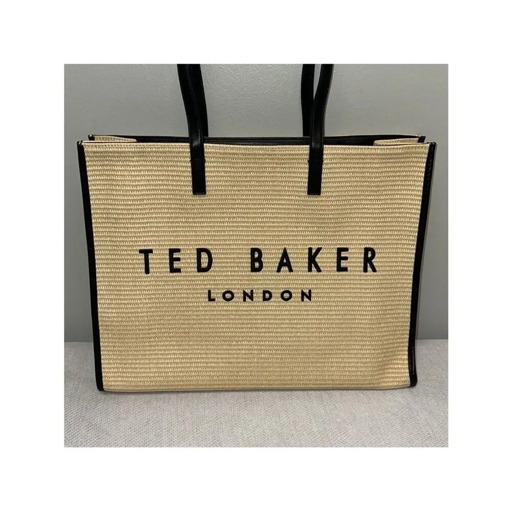 TED BAKER The Icon Palmer Tote Ivory Straw Black Faux Leather Embroidered Logo